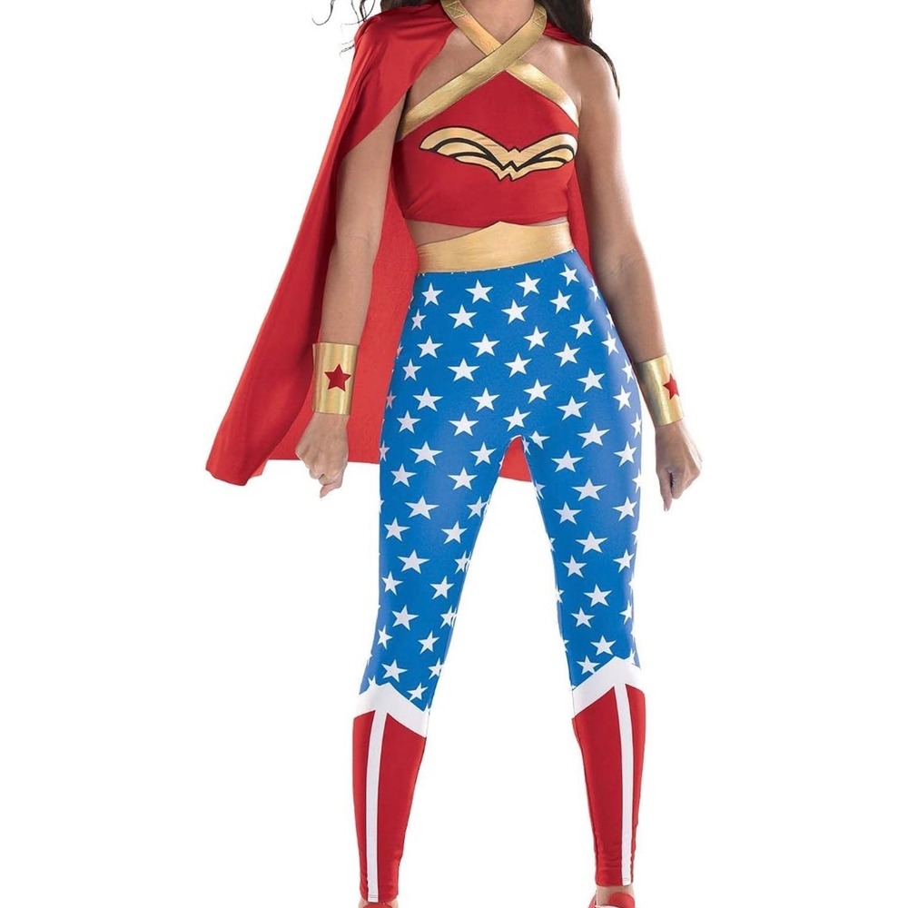 DC Comics Wonder Woman Costume Set Womens Large 10-12 Top Leggings Cape Cuffs - Picture 1 of 4